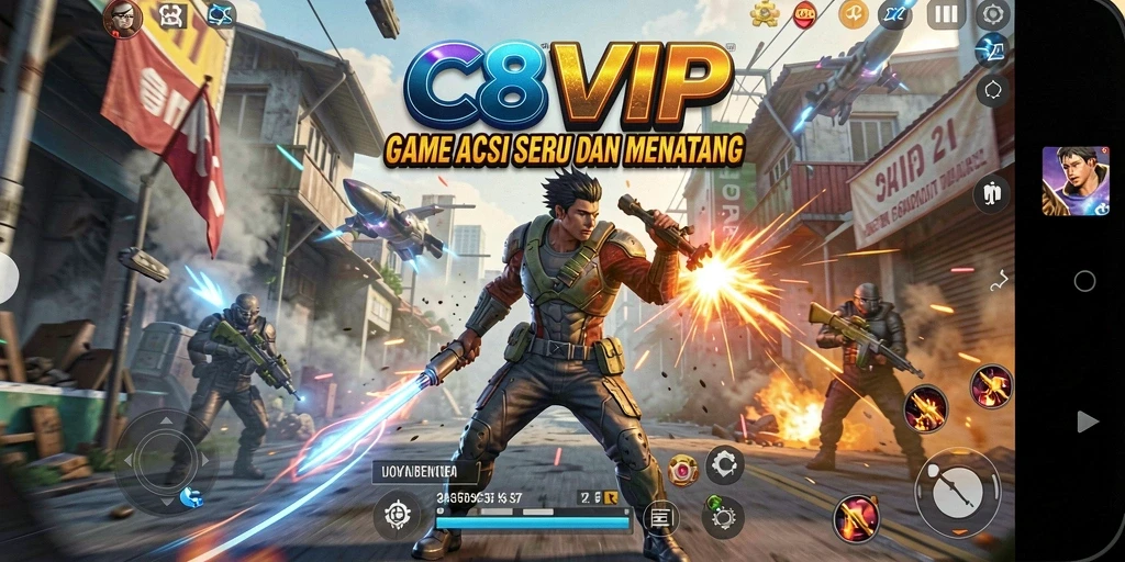 Screenshot utama C8VIP yang menunjukkan aksi pertempuran seru.