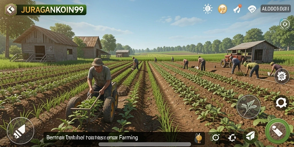 Screenshot menunjukkan petani mengelola ladang yang subur.