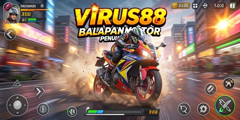 Tampilan gameplay <strong>VIRUS88</strong> yang menampilkan balapan motor yang seru.